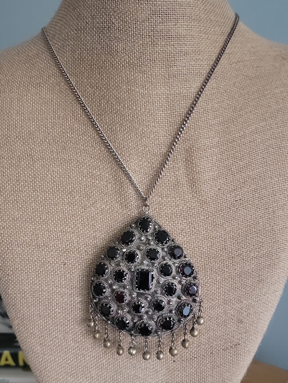 Vtg. Silver-Tone Garnet Stone Teardrop Pendant Necklace